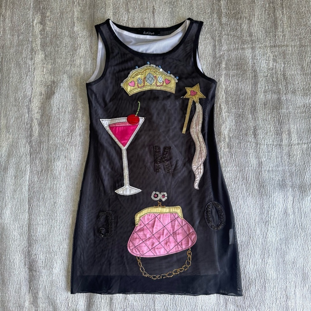 Mona Lisa Black Dress with Pink and Gold Embellishments, Size 8